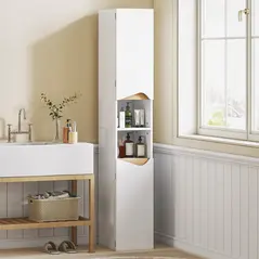 HOMCOM Tall Slim Bathroom Cabinet with 2 Doors, 2 Shelves - White - 2