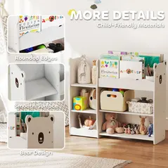 AIYAPLAY Kids Toy Storage Unit, Bear Design Kids Bookshelf and Toy Organiser, for Bedroom, Nursery, Playroom, White - 6