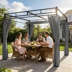 Outsunny 3 x 3 m Pergola with Retractable Roof Canopy and Curtains, UPF30+ Metal Frame Garden Pergola Gazebo Sun Shade, Dark Grey - 2