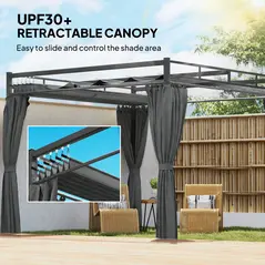Outsunny 3 x 3 m Pergola with Retractable Roof Canopy and Curtains, UPF30+ Metal Frame Garden Pergola Gazebo Sun Shade, Dark Grey - 4