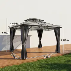 Outsunny 3 x 3.6 m Outdoor Hardtop Gazebo Canopy with 2-Tier Roof, Permanent Pavilion Garden Metal Gazebo with Sides, Dark Grey - 3