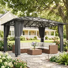 Outsunny 3 x 4 m Outdoor Hardtop Gazebo Canopy with PC Roof, Aluminium Permanent Pavilion Garden Gazebo with Curtains, Dark Grey - 2