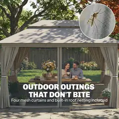 Outsunny 3 x 4 m Outdoor Garden Gazebo with Netting and Curtains, UPF50+ Patio Gazebo Permanent Pavilion Canopy, Beige - 6