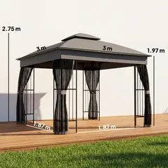 Outsunny 3 x 3 m Outdoor Garden Gazebo with Post Shelves, UPF50+ Double Roof Patio Permanent Pavilion, Grey - 3