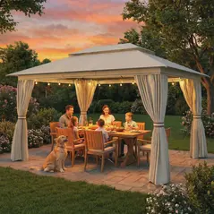 Outsunny 3 x 4 m Outdoor Garden Gazebo with Netting and Curtains, UPF50+ Patio Gazebo Permanent Pavilion Canopy, Beige - 8