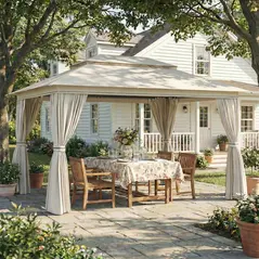 Outsunny 3 x 4 m Outdoor Garden Gazebo with Netting and Curtains, UPF50+ Patio Gazebo Permanent Pavilion Canopy, Beige - 2