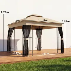 Outsunny 3 x 3 m Outdoor Garden Gazebo with Post Shelves, UPF50+ Double Roof Patio Permanent Pavilion, Brown - 3