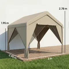 Outsunny 3 x 3 m Patio Gazebo with Netting & Curtains, Outdoor Canopy Shelter with Galvanised Steel Frame, Khaki - 3