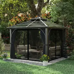 Outsunny 2.5 x 2.5 m Hardtop Gazebo Canopy with 7mm PC Roof, Garden Gazebo Permanent Pavilion with Netting, Curtains, Dark Grey - 9
