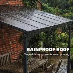 Outsunny 3.4 x 3 m Metal Lean-to Pergola, Wall-Mounted Garden Pergola with Polycarbonate Roof and Metal-Aluminium Frame, Heavy Duty Hardtop Gazebo for Outdoor Patios, BBQ, Brown - 6