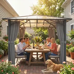 Outsunny 3 x 3 m Outdoor Hardtop Gazebo Canopy with PC Roof, Aluminium Permanent Pavilion Garden Gazebo with Curtains, Tan - 8