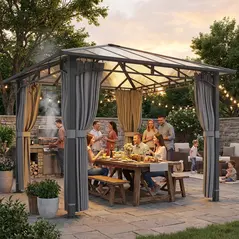 Outsunny 3 x 3 m Outdoor Hardtop Gazebo Canopy with PC Roof, Aluminium Permanent Pavilion Garden Gazebo with Curtains, Tan - 9