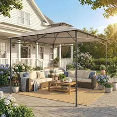 Outsunny 3 x 3 m Gazebo, Garden Gazebo with 2-Tier Roof, Metal Frame, Khaki - 2