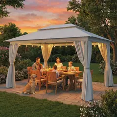 Outsunny 3 x 4 m Outdoor Garden Gazebo with Netting and Curtains, UPF50+ Patio Gazebo Permanent Pavilion Canopy, Dark Grey - 8