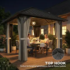 Outsunny 3 x 3(m) Hardtop Gazebo with Galvanised Steel Roof and Water Gutter, Waterproof Permanent Pavilion Garden Gazebo with Netting and Curtains for Patio, Deck, Black - 8
