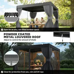 Outsunny 3 x 3 m Louvered Pergola with Adjustable Metal Louvred Roof, Aluminium Patio Gazebo with Netting and Curtains, Dark Grey - 4