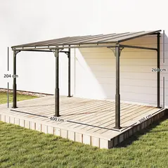 Outsunny 4 x 3 m Metal Lean-to Pergola, Wall-Mounted Garden Pergola with Polycarbonate Roof and Metal-Aluminium Frame, Heavy Duty Hardtop Gazebo for Outdoor Patios, BBQ, Brown - 3