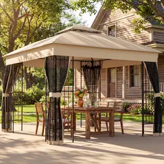Outsunny 3 x 3 m Outdoor Garden Gazebo with Post Shelves, UPF50+ Double Roof Patio Permanent Pavilion, Brown - 2