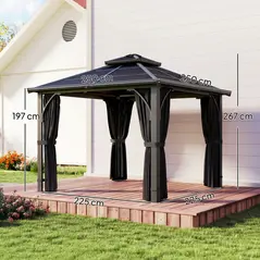 Outsunny 2.5 x 2.5 m Hardtop Gazebo Canopy with 7mm PC Roof, Garden Gazebo Permanent Pavilion with Netting, Curtains, Dark Grey - 3