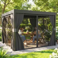 Outsunny 3 x 3 m Louvered Pergola with Adjustable Metal Louvred Roof, Aluminium Patio Gazebo with Netting and Curtains, Dark Grey - 8