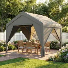 Outsunny 3 x 3 m Patio Gazebo with Netting & Curtains, Outdoor Canopy Shelter with Galvanised Steel Frame, Dark Grey - 2