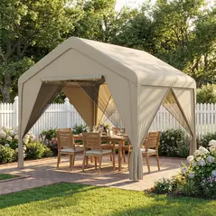 Outsunny 3 x 3 m Patio Gazebo with Netting & Curtains, Outdoor Canopy Shelter with Galvanised Steel Frame, Khaki - 2