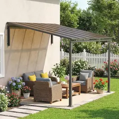 Outsunny 3.4 x 3 m Metal Lean-to Pergola, Wall-Mounted Garden Pergola with Polycarbonate Roof and Metal-Aluminium Frame, Heavy Duty Hardtop Gazebo for Outdoor Patios, BBQ, Brown - 8