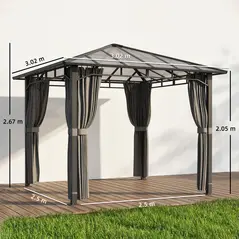 Outsunny 3 x 3 m Outdoor Hardtop Gazebo Canopy with PC Roof, Aluminium Permanent Pavilion Garden Gazebo with Curtains, Tan - 3