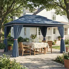 Outsunny 3 x 4 m Outdoor Garden Gazebo with Netting and Curtains, UPF50+ Patio Gazebo Permanent Pavilion Canopy, Dark Blue - 2