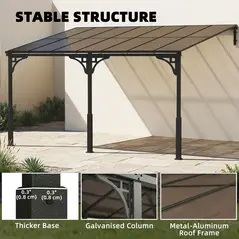 Outsunny 4 x 3 m Metal Lean-to Pergola, Wall-Mounted Garden Pergola with Polycarbonate Roof and Metal-Aluminium Frame, Heavy Duty Hardtop Gazebo for Outdoor Patios, BBQ, Brown - 7