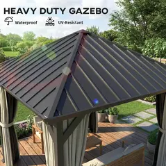 Outsunny 3 x 3(m) Hardtop Gazebo with Galvanised Steel Roof and Water Gutter, Waterproof Permanent Pavilion Garden Gazebo with Netting and Curtains for Patio, Deck, Black - 4