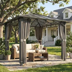 Outsunny 3 x 3 m Outdoor Hardtop Gazebo Canopy with PC Roof, Aluminium Permanent Pavilion Garden Gazebo with Curtains, Tan - 2