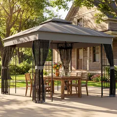 Outsunny 3 x 3 m Outdoor Garden Gazebo with Post Shelves, UPF50+ Double Roof Patio Permanent Pavilion, Grey - 2