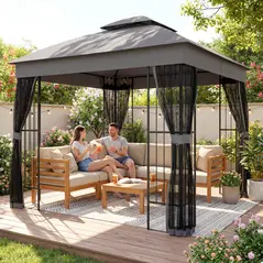 Outsunny 3 x 3 m Outdoor Garden Gazebo with Post Shelves, UPF50+ Double Roof Patio Permanent Pavilion, Grey - 9