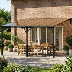Outsunny 4 x 3 m Metal Lean-to Pergola, Wall-Mounted Garden Pergola with Polycarbonate Roof and Metal-Aluminium Frame, Heavy Duty Hardtop Gazebo for Outdoor Patios, BBQ, Brown - 2