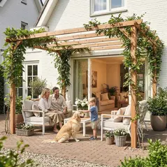 Outsunny 3 x 3 m Wooden Pergola Kit, Garden Pergola Gazebo Grape Trellis with Triangle Supports, 5 Beams, Maple Wood-effect - 2
