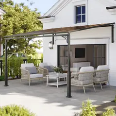 Outsunny 3.4 x 3 m Metal Lean-to Pergola, Wall-Mounted Garden Pergola with Polycarbonate Roof and Metal-Aluminium Frame, Heavy Duty Hardtop Gazebo for Outdoor Patios, BBQ, Brown - 2