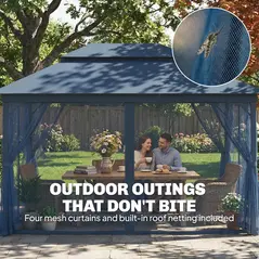 Outsunny 3 x 4 m Outdoor Garden Gazebo with Netting and Curtains, UPF50+ Patio Gazebo Permanent Pavilion Canopy, Dark Blue - 6