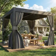 Outsunny 3 x 3 m Louvered Pergola with Adjustable Metal Louvred Roof, Aluminium Patio Gazebo with Netting and Curtains, Dark Grey - 2