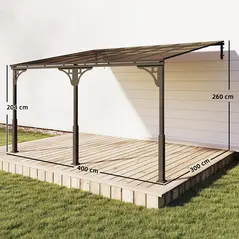 Outsunny 4 x 3 m Metal Lean-to Pergola, Wall-Mounted Garden Pergola with Polycarbonate Roof and Metal-Aluminium Frame, Heavy Duty Hardtop Gazebo for Outdoor Patios, BBQ, Brown - 3