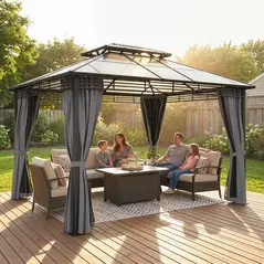 Outsunny 3 x 3.6 m Outdoor Hardtop Gazebo Canopy with 2-Tier Roof, Permanent Pavilion Garden Metal Gazebo with Sides, Dark Grey - 2