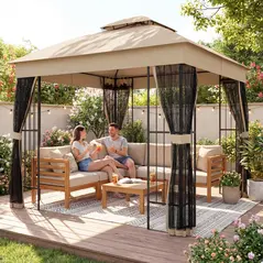 Outsunny 3 x 3 m Outdoor Garden Gazebo with Post Shelves, UPF50+ Double Roof Patio Permanent Pavilion, Brown - 9