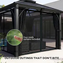 Outsunny 2.5 x 2.5 m Hardtop Gazebo Canopy with 7mm PC Roof, Garden Gazebo Permanent Pavilion with Netting, Curtains, Dark Grey - 7
