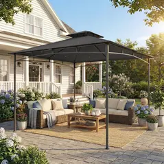 Outsunny 3 x 3 m Gazebo, Garden Gazebo with 2-Tier Roof, Metal Frame, Dark Grey - 2