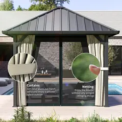 Outsunny 3 x 3(m) Hardtop Gazebo with Galvanised Steel Roof and Water Gutter, Waterproof Permanent Pavilion Garden Gazebo with Netting and Curtains for Patio, Deck, Black - 7