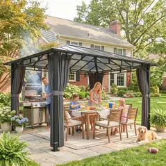 Outsunny 3 x 4 m Outdoor Hardtop Gazebo Canopy with PC Roof, Aluminium Permanent Pavilion Garden Gazebo with Curtains, Dark Grey - 8