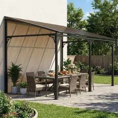 Outsunny 4 x 3 m Metal Lean-to Pergola, Wall-Mounted Garden Pergola with Polycarbonate Roof and Metal-Aluminium Frame, Heavy Duty Hardtop Gazebo for Outdoor Patios, BBQ, Brown - 8