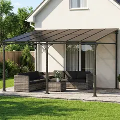 Outsunny 4 x 3 m Metal Lean-to Pergola, Wall-Mounted Garden Pergola with Polycarbonate Roof and Metal-Aluminium Frame, Heavy Duty Hardtop Gazebo for Outdoor Patios, BBQ, Brown - 2
