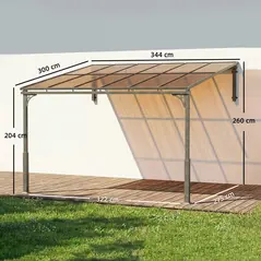 Outsunny 3.4 x 3 m Metal Lean-to Pergola, Wall-Mounted Garden Pergola with Polycarbonate Roof and Metal-Aluminium Frame, Heavy Duty Hardtop Gazebo for Outdoor Patios, BBQ, Brown - 3