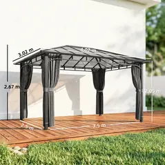 Outsunny 3 x 4 m Outdoor Hardtop Gazebo Canopy with PC Roof, Aluminium Permanent Pavilion Garden Gazebo with Curtains, Dark Grey - 3